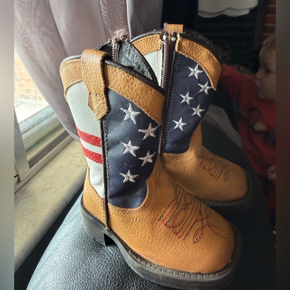 Kids Americana Star & Stripe Cowboy Boots - Tan & Navy